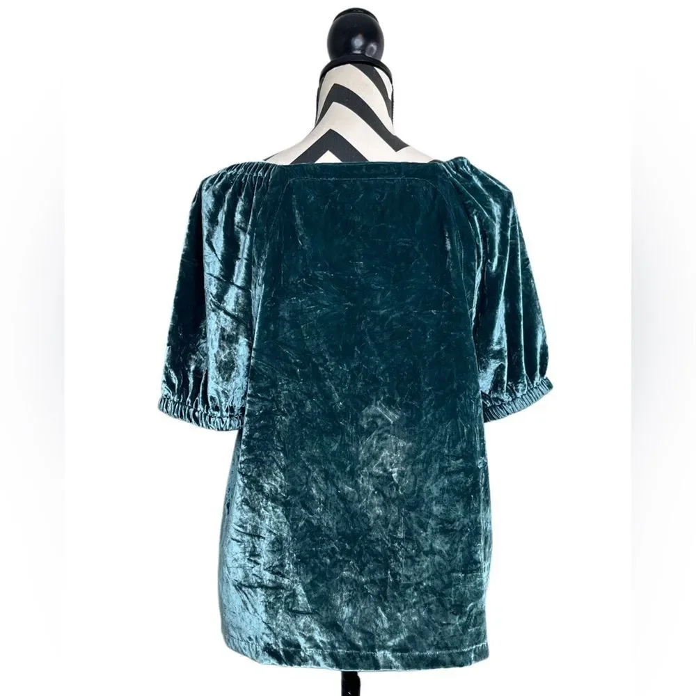 NWT Loft Whimsigoth Boho Teal Crushed Velvet Puff Sleeve Blouse Sz M
